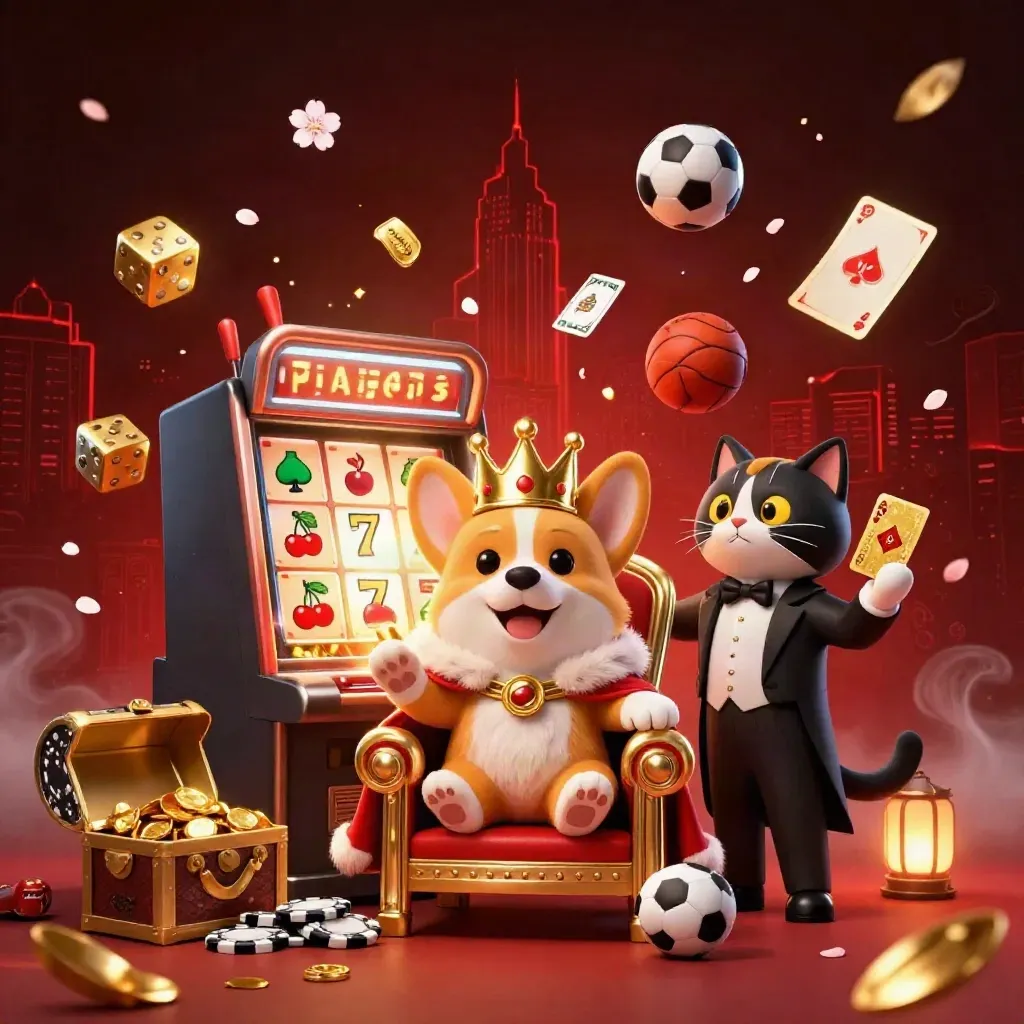 Crowned corgi and cat butler amid exploding slot rays, flying balls, chips, and luxe neon casino glow.