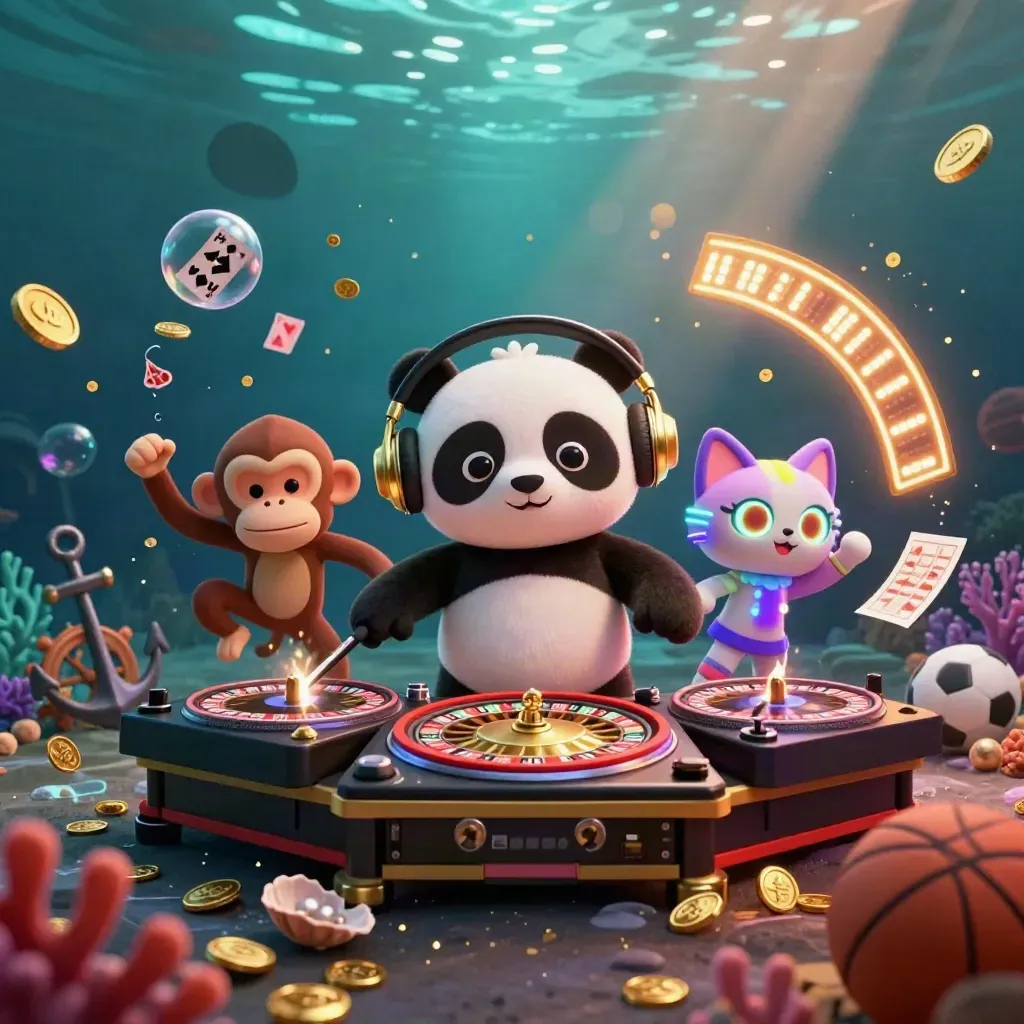 Panda DJ, breakdancing monkey and glow-stick kitten in a gold-lit underwater casino treasure cove.