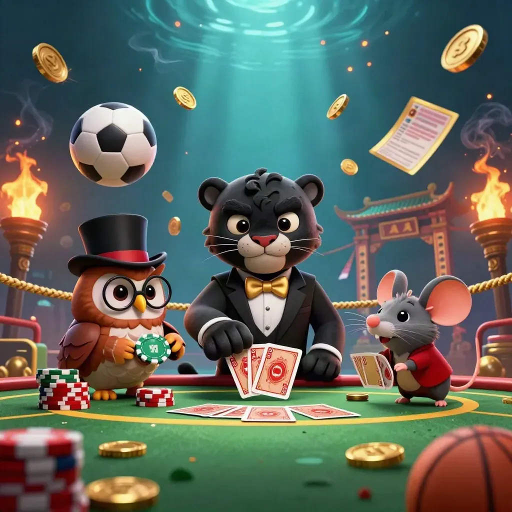 Panther, owl, and mouse in luxe casino key art with balls, chips, and torch-lit haze