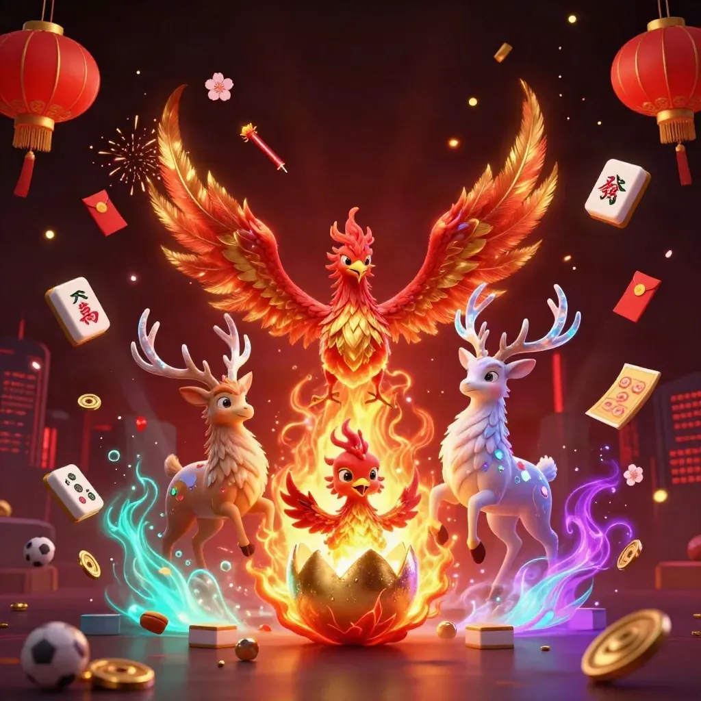 Phoenix, hatching egg, crystal stag amid casino lights and floating game props