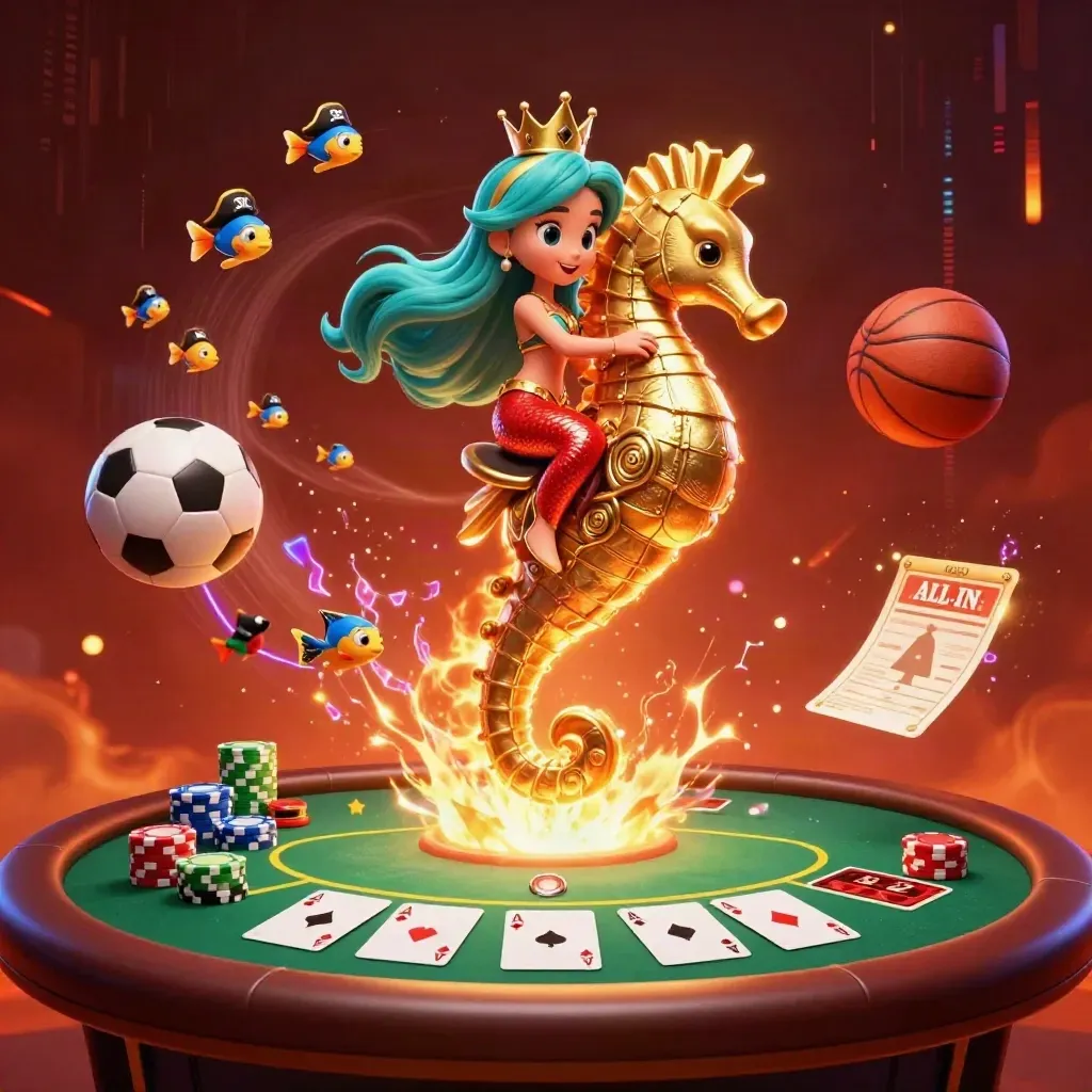 Mermaid princess on a gold seahorse amid casino chips, cards, soccer and basketball, neon embers.