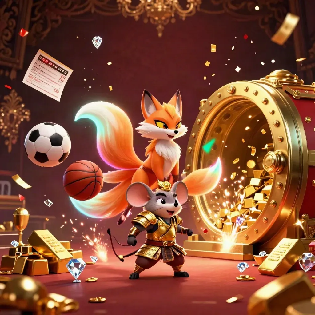 Neon fox spirit and armored mouse amid gold vault light, balls, sparkles, and casino glam.