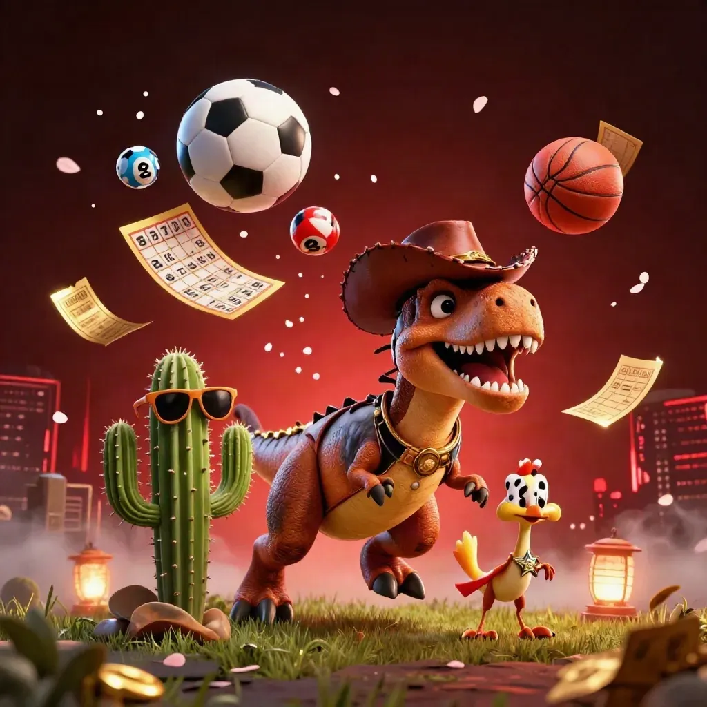 Cowboy T-Rex, cactus sidekick and roadrunner burst around casino balls and neon lights.