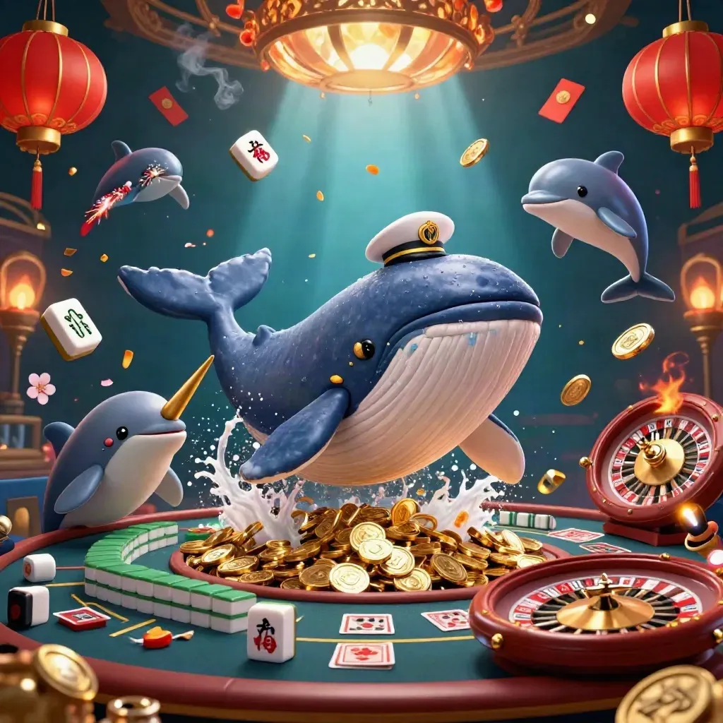 Whale captain, narwhal and dolphins in a luxe underwater casino with roulette, lanterns, and coins.