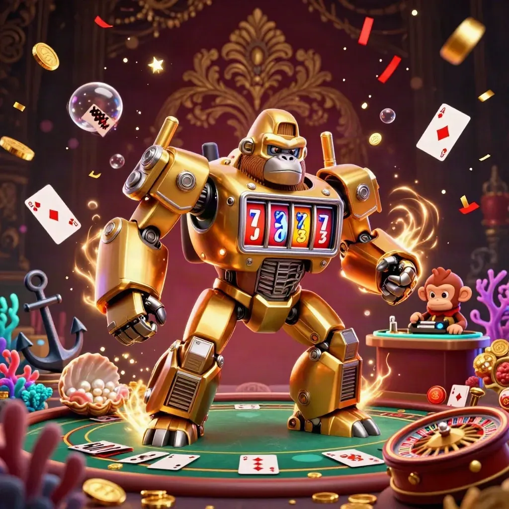 Golden gorilla mech and monkey pilot in a luxe casino treasure cove with roulette, cards, and sparks.