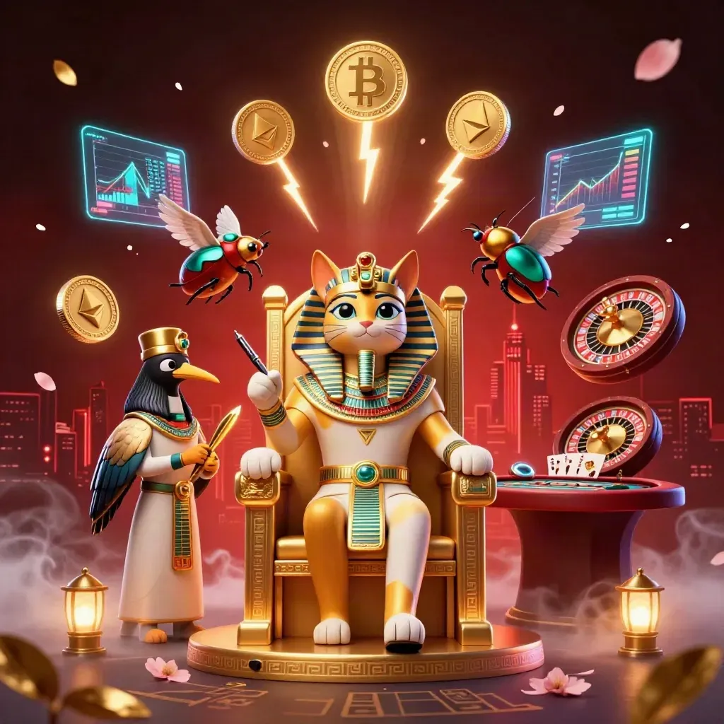 Pharaoh cat, ibis scribe, and gem-winged scarabs amid neon coins in a luxe casino scene
