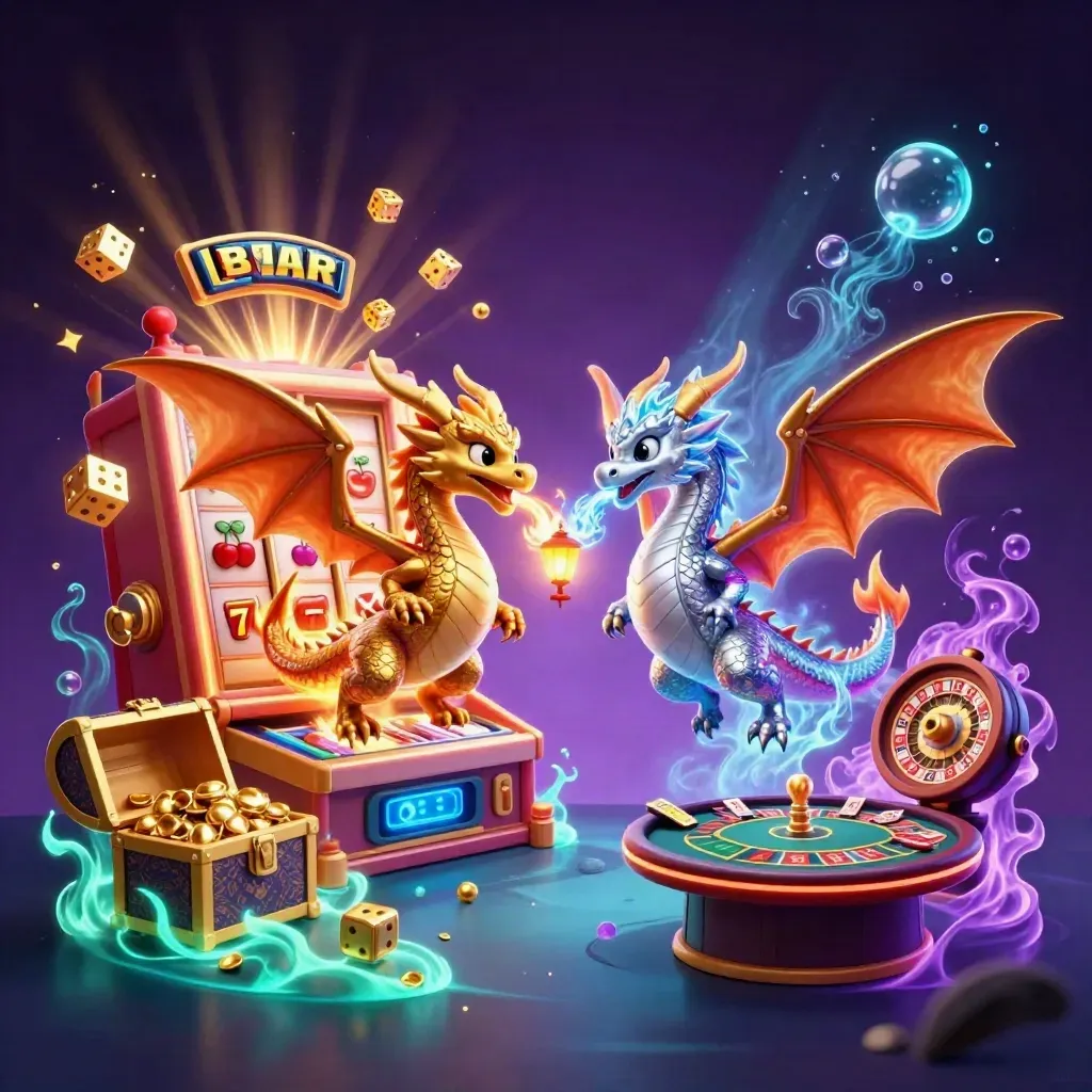 Gold and silver dragons swirl with casino magic, slot burst, roulette wheel, and glowing treasure.