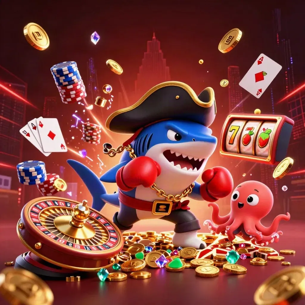 Pirate shark, boxing pufferfish and juggling octopus amid coins, cards, chips and a roulette wheel.