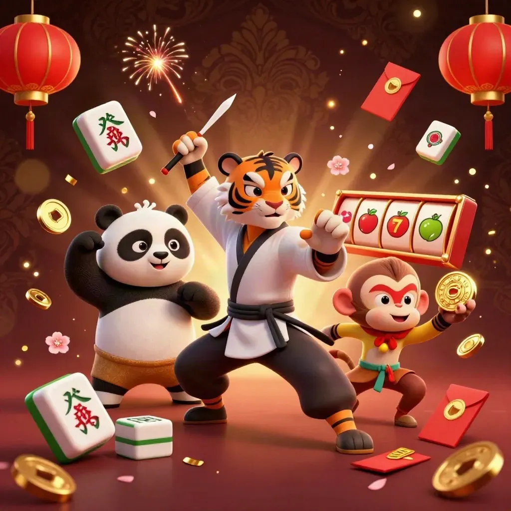 Kung-fu tiger, panda, and monkey amid gold casino sparks, lanterns, coins, and jade glow.