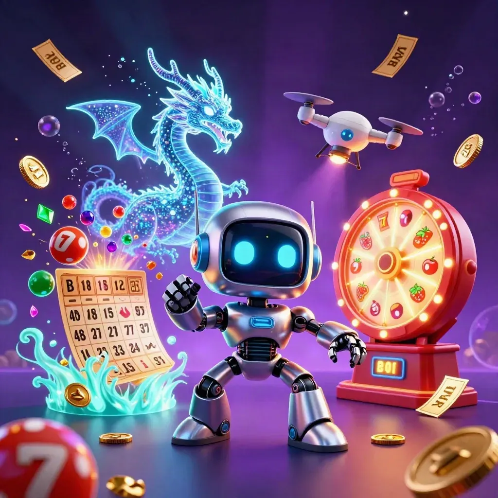 Cyberpunk robot, holographic dragon and coin drone amid casino game bursts in neon cyan.