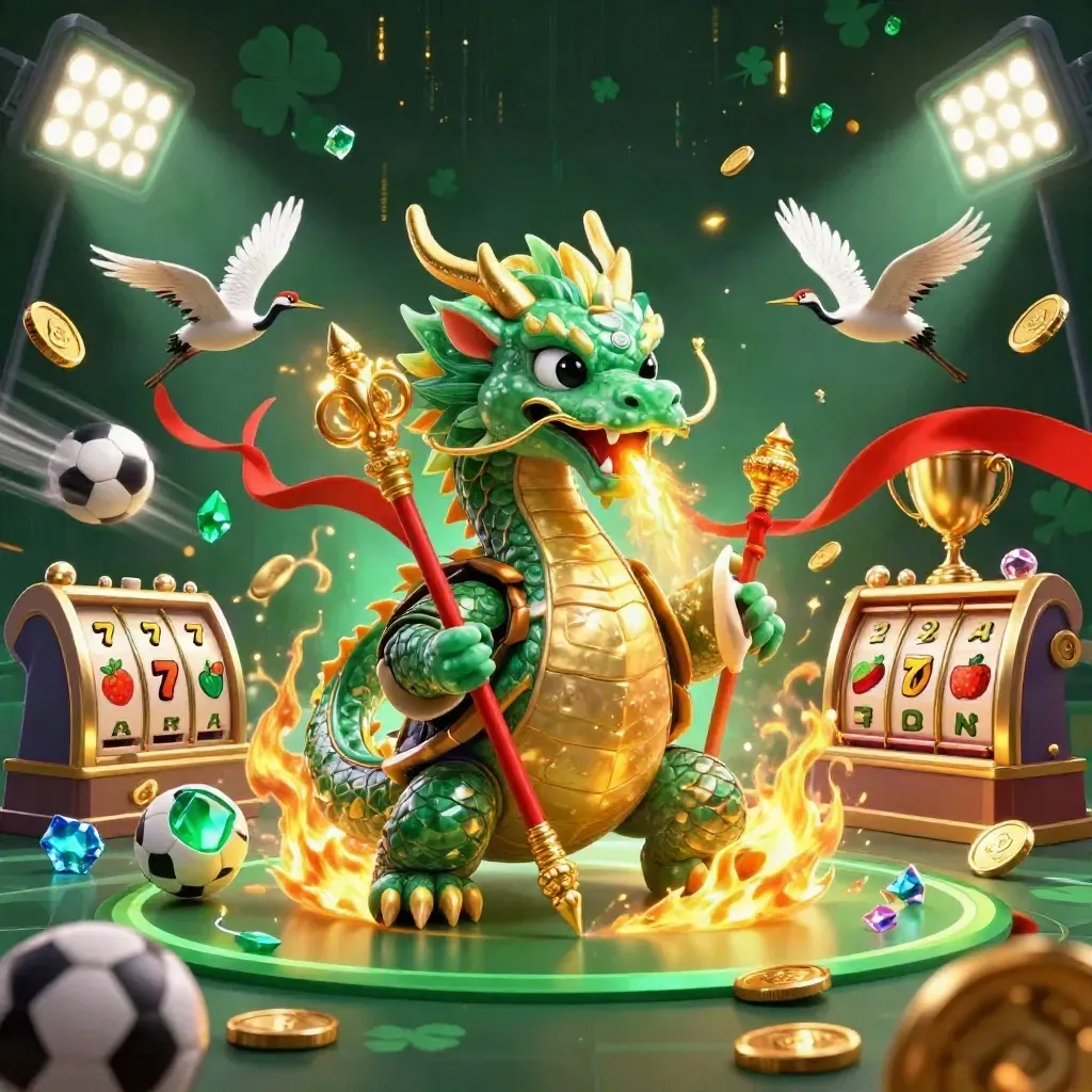 Emerald dragon, turtle sage, and cranes burst through casino lights, coins, and neon energy.