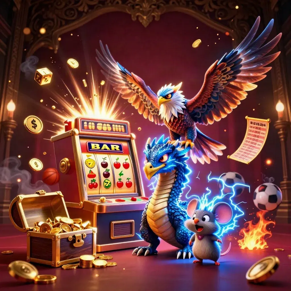 Thunder dragon, wind hawk and thunder-mouse amid jackpot burst, coins, dice, and casino lights.
