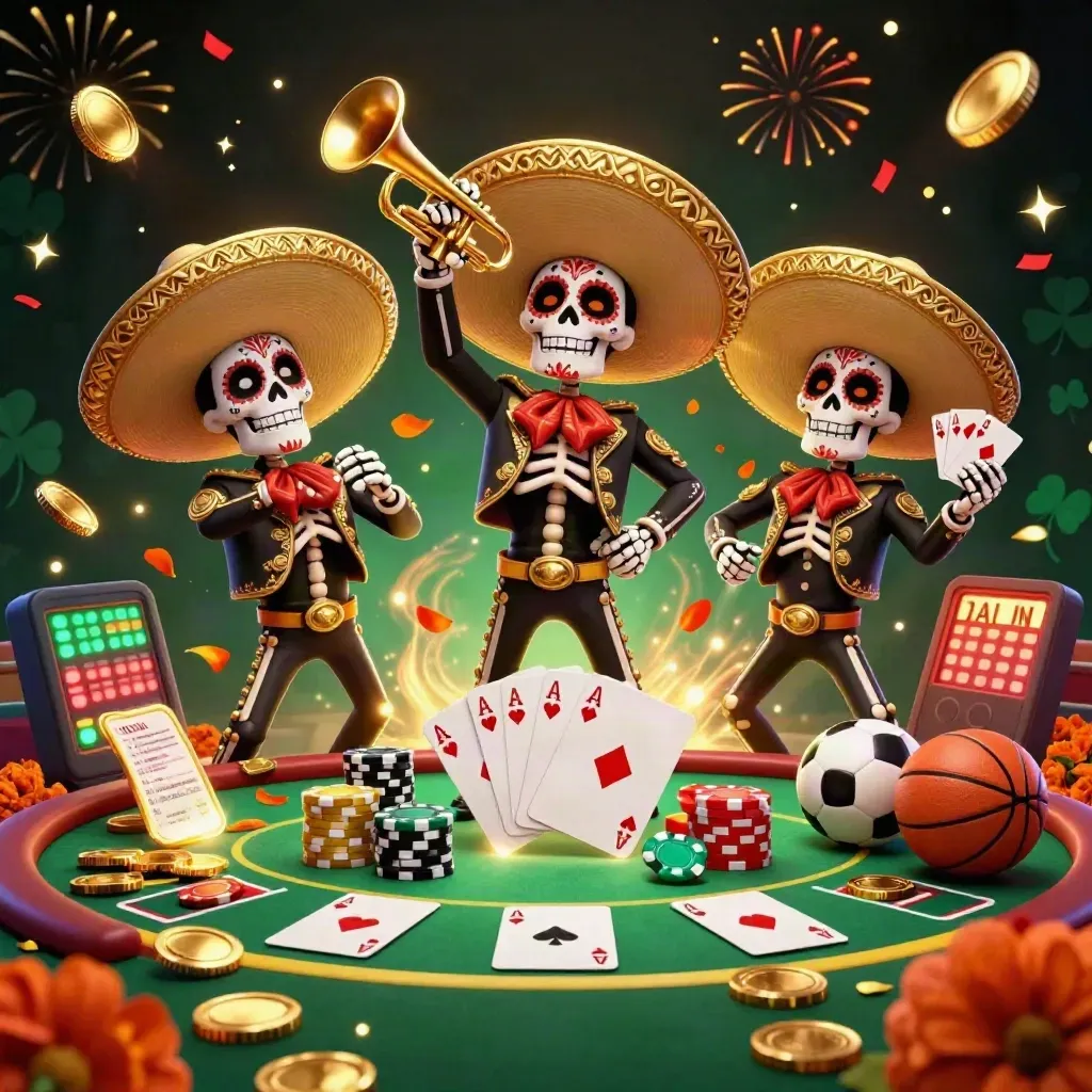 Skeleton mariachi trio amid coins, poker chips, fireworks, and neon casino glow