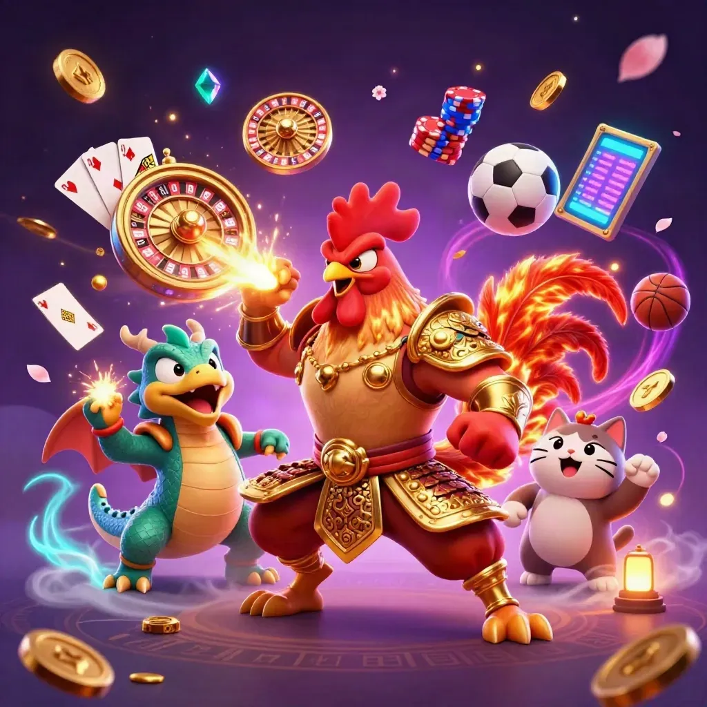 Rooster warrior, dragon hatchling, and fortune-cat amid coins, chips, roulette wheel, cards, and fireworks.
