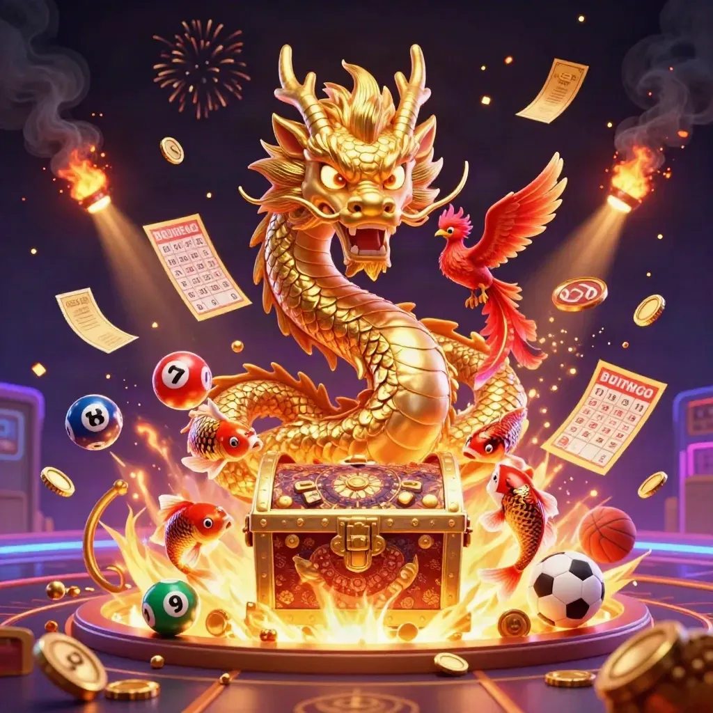 Golden dragon, phoenix, koi and casino props bursting with coins, fireworks and neon light.