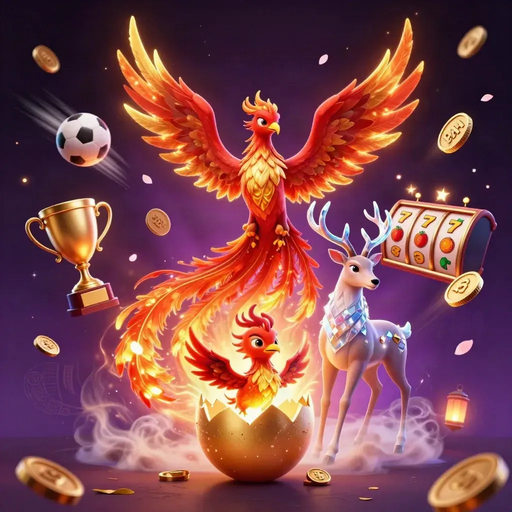 Phoenix, hatching baby phoenix, and crystalline stag amid casino symbols on a dark neon purple background.