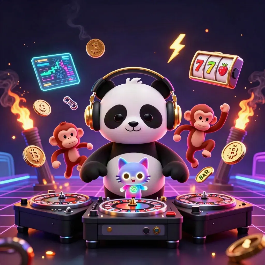 Three cartoon casino mascots amid neon coins, roulette wheels, sparks, and dark luxe lighting.