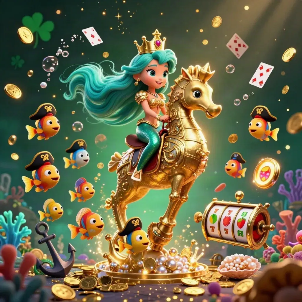 Mermaid princess on a gold seahorse amid treasure, cards, fish, coral, and casino reels underwater.
