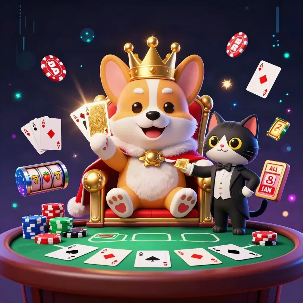 Royal corgi and cat butler on a chip throne amid cards, chips, reels and neon casino energy.