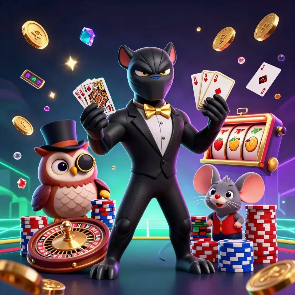 Panther dealer with owl and mouse amid roulette, chips, coins and neon casino glow.